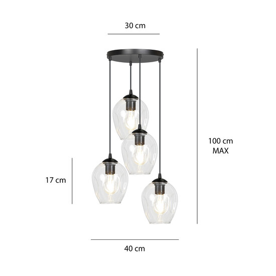 Lampe à suspension Nokia ronde 4L en verre transparent 4x E27