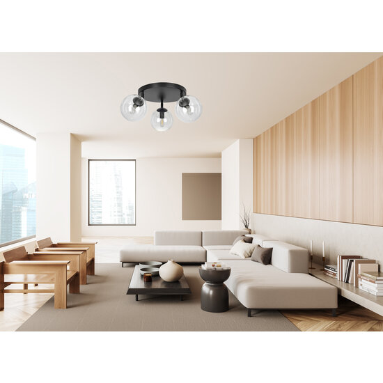 Imatra round 3L black with transparent glass bulbs 3x E14