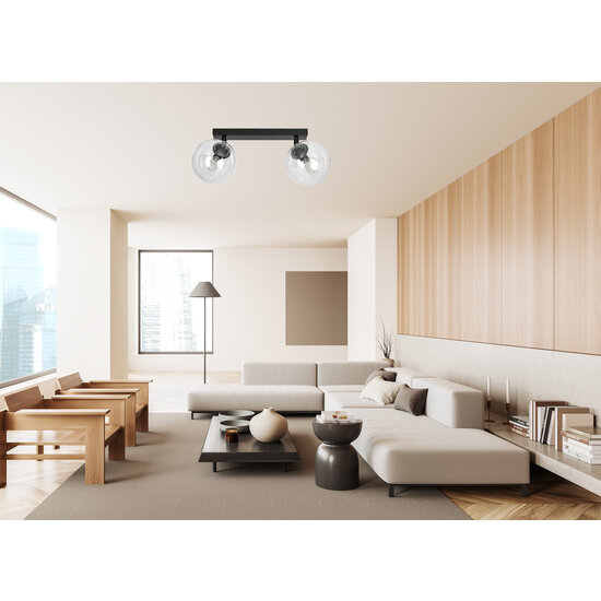 Imatra double rond 2L noir avec ampoules verre transparent 2x E14