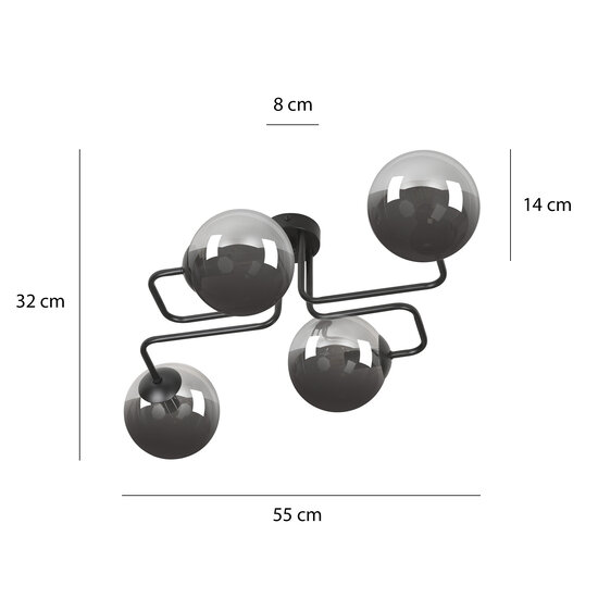 Kangasala speelse 4L plafondlamp zwart met gerookte glas bollen E14