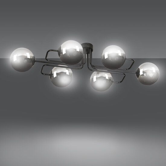 Kangasala speelse 6L plafondlamp zwart met gerookte glas bollen E14