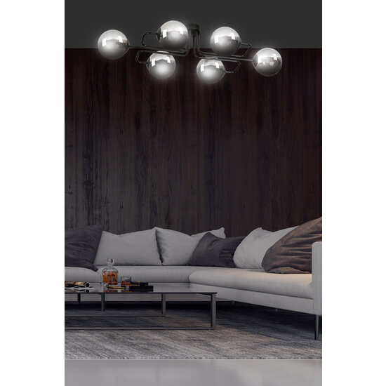 Kangasala speelse 6L plafondlamp zwart met gerookte glas bollen E14