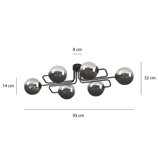 Kangasala speelse 6L plafondlamp zwart met gerookte glas bollen E14