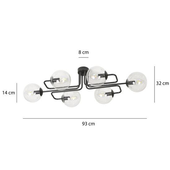 Kangasala toffe 6L plafondlamp zwart met transparant glas bollen E14