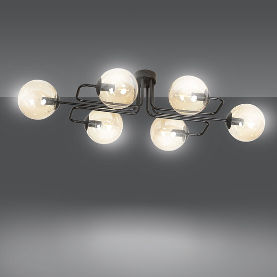 Kangasala speciale 6L plafondlamp zwart met amberkleurige bollen E14