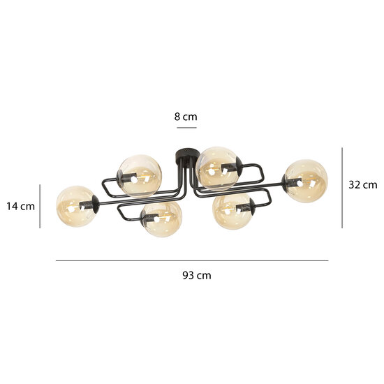 Kangasala speciale 6L plafondlamp zwart met amberkleurige bollen E14