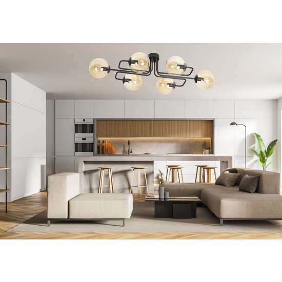 Plafonnier Kangasala spécial 6L noir avec ampoules ambrées E14