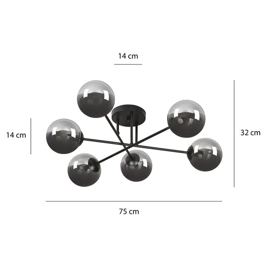 Emibig Kangasala runde, verspielte 6L-Deckenleuchte in Schwarz mit Rauchglasbirnen E14 - Perfekt für eine gemütliche Atmosphäre in jedem Raum