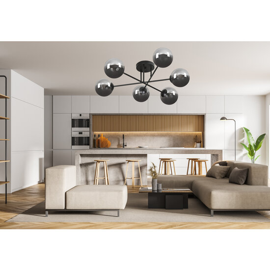 Plafonnier Kangasala rond ludique 6L noir avec ampoules verre fumé E14