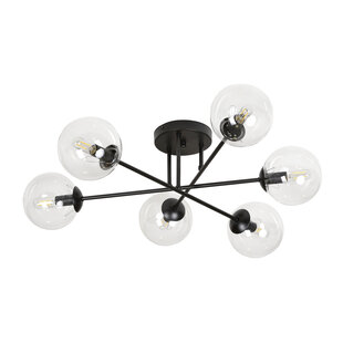 Kangasala ronde toffe 6L plafondlamp zwart met transparant glas bollen E14