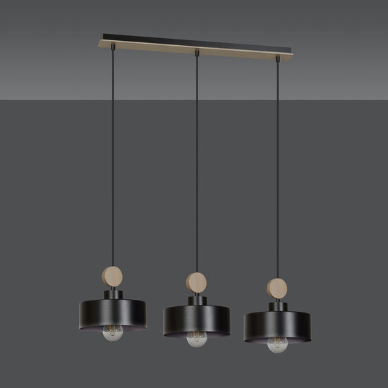 Vihti long hanging lamp 3L black with wooden accent 3x E27