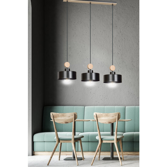 Emibig Emibig Vihti lange hanglamp 3L zwarte met houten accent 3x E27 - Perfect voor moderne interieurs