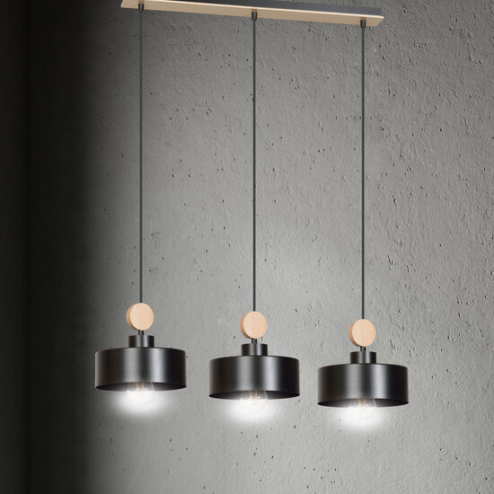 Emibig Emibig Vihti lámpara colgante larga 3L negra con acento de madera 3x E27 - Ideal para interiores modernos