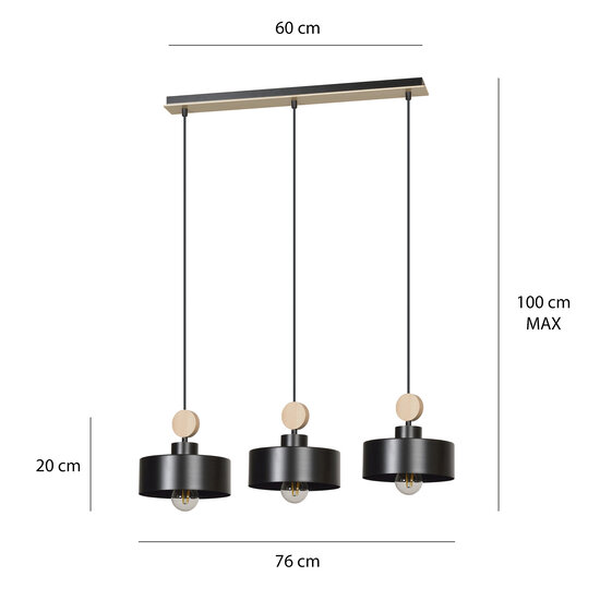 Emibig Emibig Vihti lámpara colgante larga 3L negra con acento de madera 3x E27 - Ideal para interiores modernos