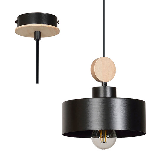 Lampe à suspension Vihti 1L noire avec accents de bois