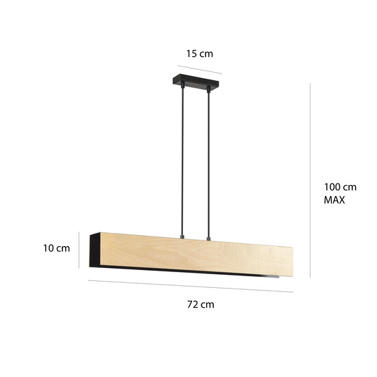 Lampe à suspension longue Raisio bois avec intérieur noir 3x E27