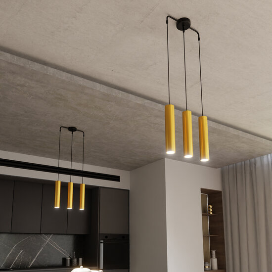 Porvoo long 3L schwarz-goldene Hängelampe mit langen Röhren 3x GU10