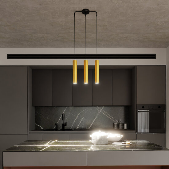 Porvoo lange 3L zwart en goud hanglamp lange kokers 3x GU10