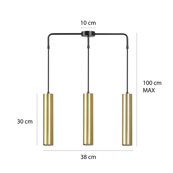Porvoo lange 3L zwart en goud hanglamp lange kokers 3x GU10