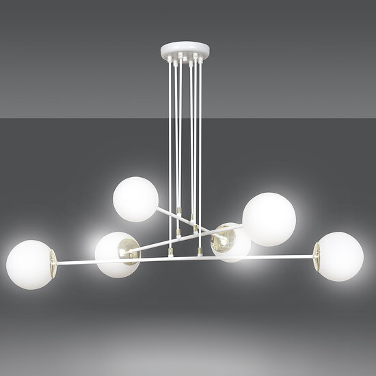 Emibig Emibig Oulu grote witte hanglamp met messing en 6 witte glazen bollen E14 - Perfect voor een stijlvolle verlichting in uw interieur