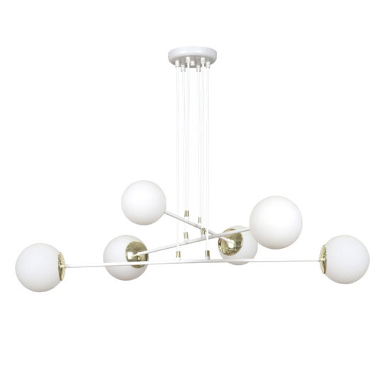 Oulu grote witte hanglamp met messing en 6 witte glazen bollen E14