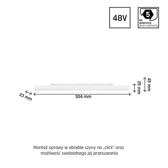 Module LED court pour rail 48V 30 cm 8W 3000K magnétique