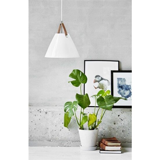 Scandinavische hanglamp wit met leren details, GU10-fitting max 40W, dimbaar, textielkabel 300 cm, IP20