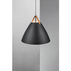 Skandinavische Hängelampe schwarz E27 Metall und Leder 68 cm Ø