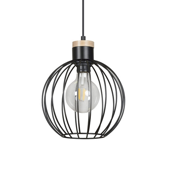 Tornio hanglamp zwart met licht houtstructuur metaal 1x E27