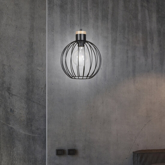 Tornio hanglamp zwart met licht houtstructuur metaal 1x E27