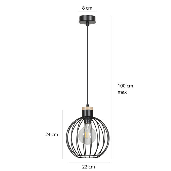 Emibig Emibig Tornio Hängeleuchte schwarz mit heller Holzstruktur Metall 1x E27 - Ideal für moderne Innenräume