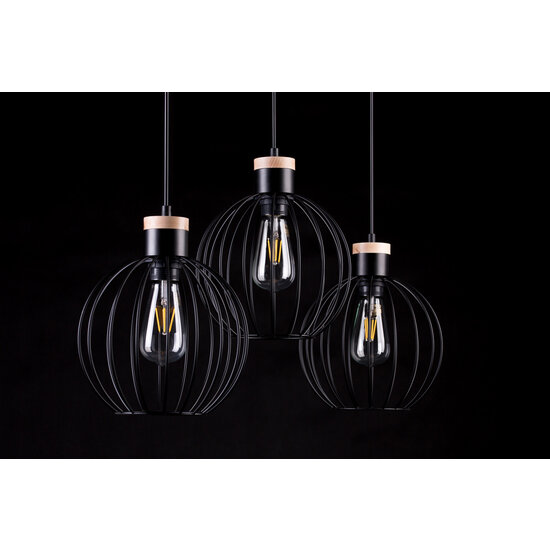 Tornio 3L long hanging lamp black with light wood structure metal 3x E27