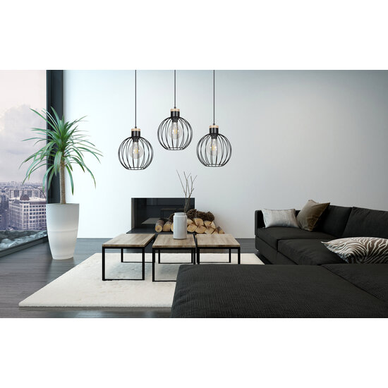 Tornio 3L long hanging lamp black with light wood structure metal 3x E27