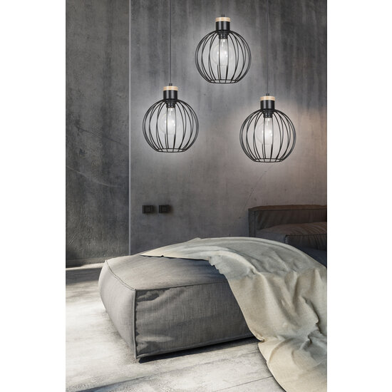 Tornio 3L long hanging lamp black with light wood structure metal 3x E27