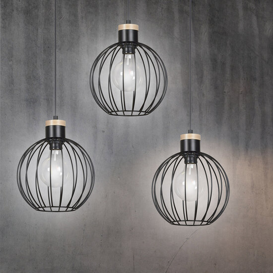 Tornio 3L long hanging lamp black with light wood structure metal 3x E27