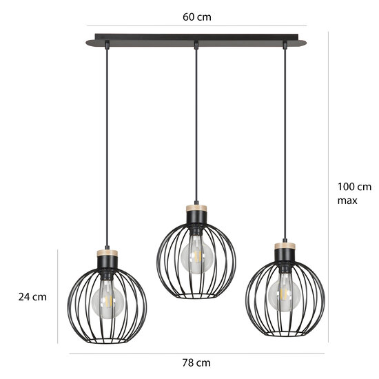 Tornio 3L long hanging lamp black with light wood structure metal 3x E27