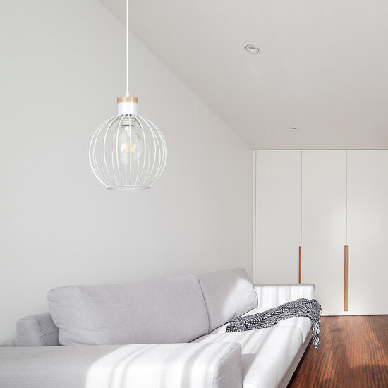 Tornio lámpara colgante blanca con estructura de madera clara metal 1x E27