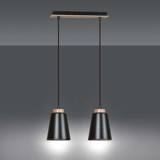 Kaarina 2L black pendant lamp with wood 2x E27