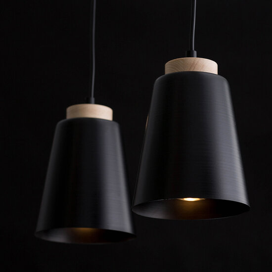 Kaarina 2L black pendant lamp with wood 2x E27