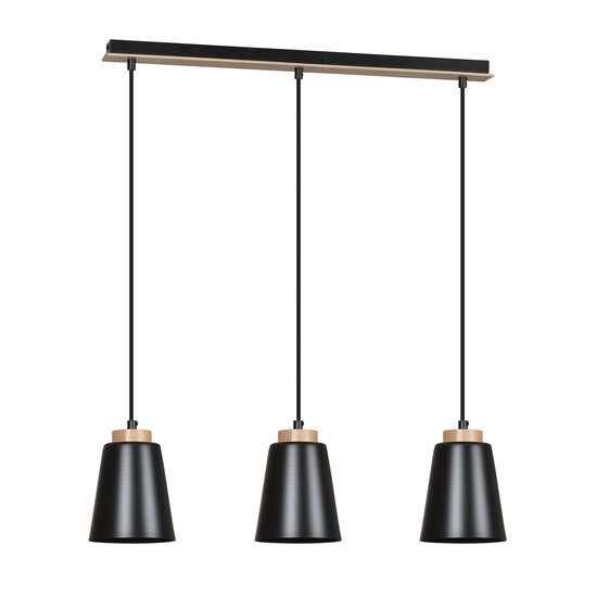 Kaarina lange 3L schwarze Pendelleuchte mit Holz 3x E27
