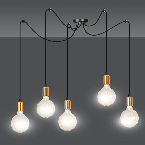 Heinola 5L spin zwarte enkele hanglamp met koper 5x E27