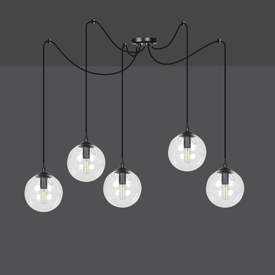 Uppsala black 5L pendant lamp with transparent glass 5x E14