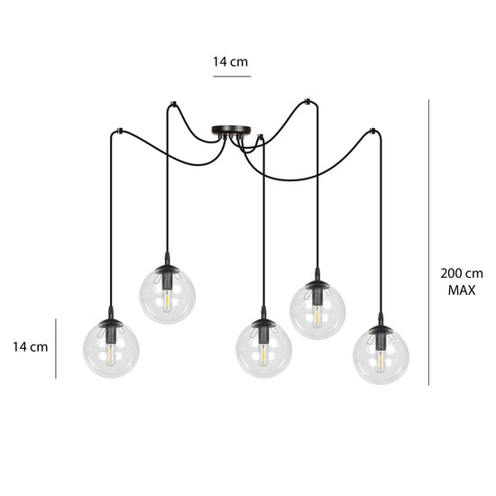 Emibig Emibig Uppsala zwarte 5L pendel lamp met transparant glas 5x E14 - Strakke verlichting voor elke ruimte