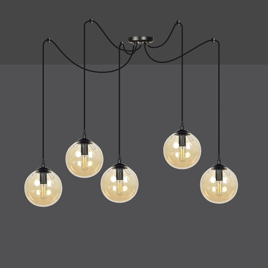 Uppsala 5L hanglamp met amber glazen bol 5x E14