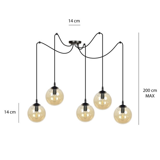 Uppsala 5L hanging lamp with amber glass bulb 5x E14