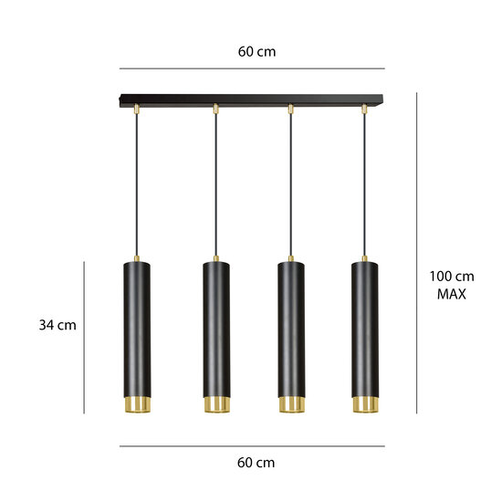 Lámpara colgante Gavle 4L negra y dorada tubos GU10