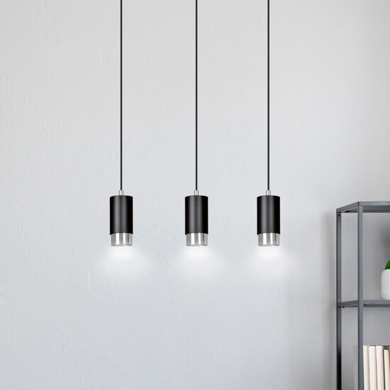 Lampe à suspension Karlstad 3L cylindre noir et chromé GU10