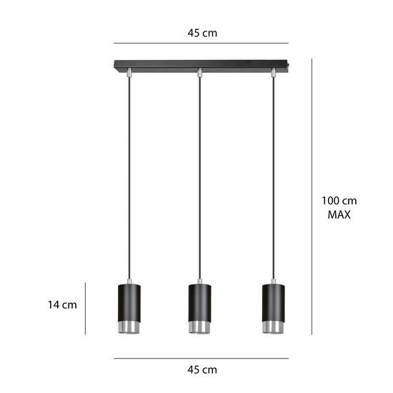 Lampe à suspension Karlstad 3L cylindre noir et chromé GU10