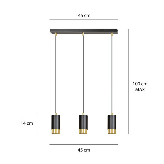 Lampe à suspension noire Karlstad 3L avec tube doré GU10