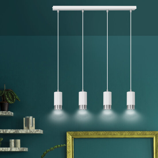 Lampe à suspension Karlstad 4L blanche et cylindre chromé GU10